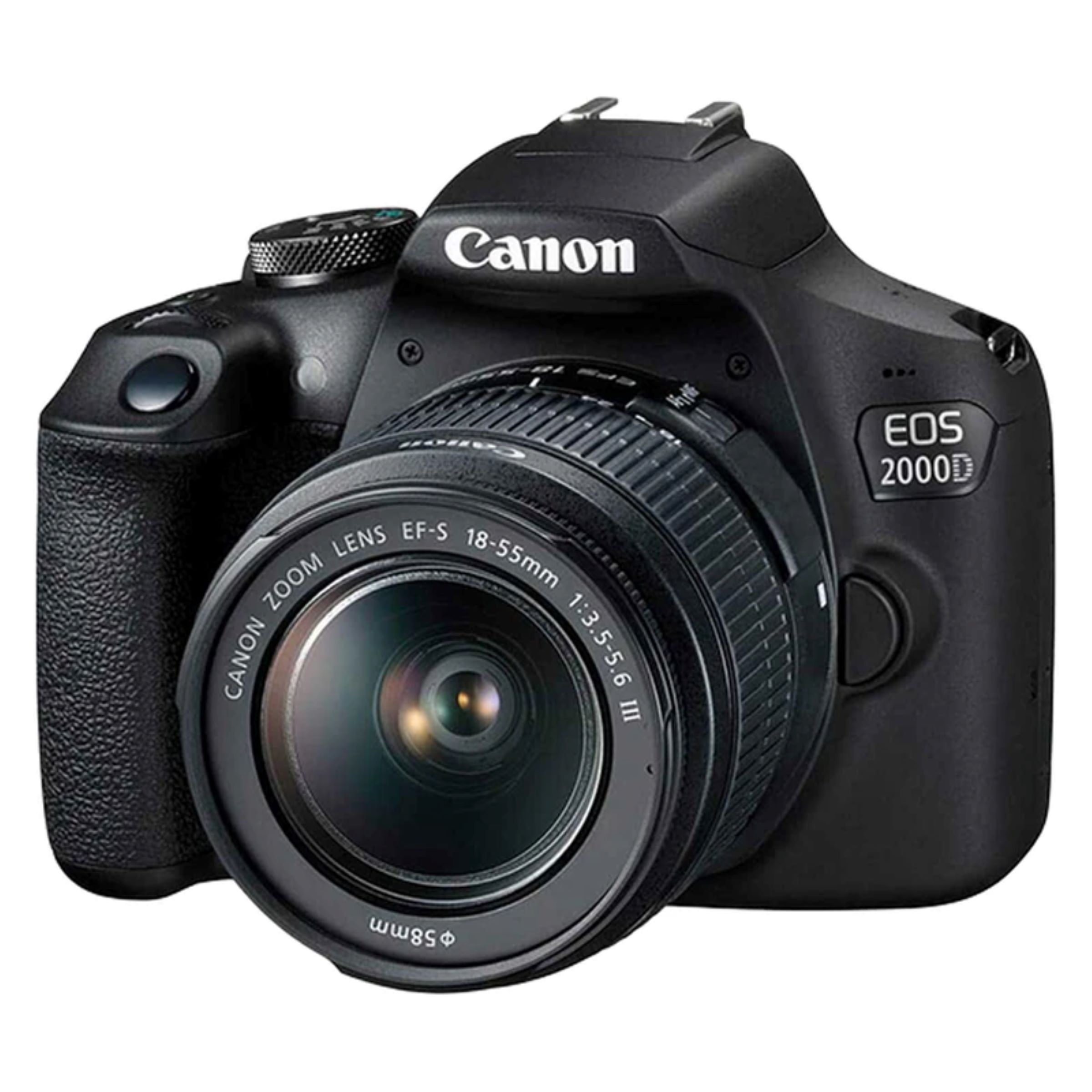 دوربین DSLR کانن مدل EOS 2000D با دقت موثر 24.1 مگاپیکسل، عکاسی پیاپی 3 فریمبرثانیه، فیلمبرداری با رزولوشن HD و Full HD، نمایشگر ثابت، همراه با لنز 18 - 55 میلیمتری با بیشترین گشودگی دیافراگم f/3.5 تا f/5.6